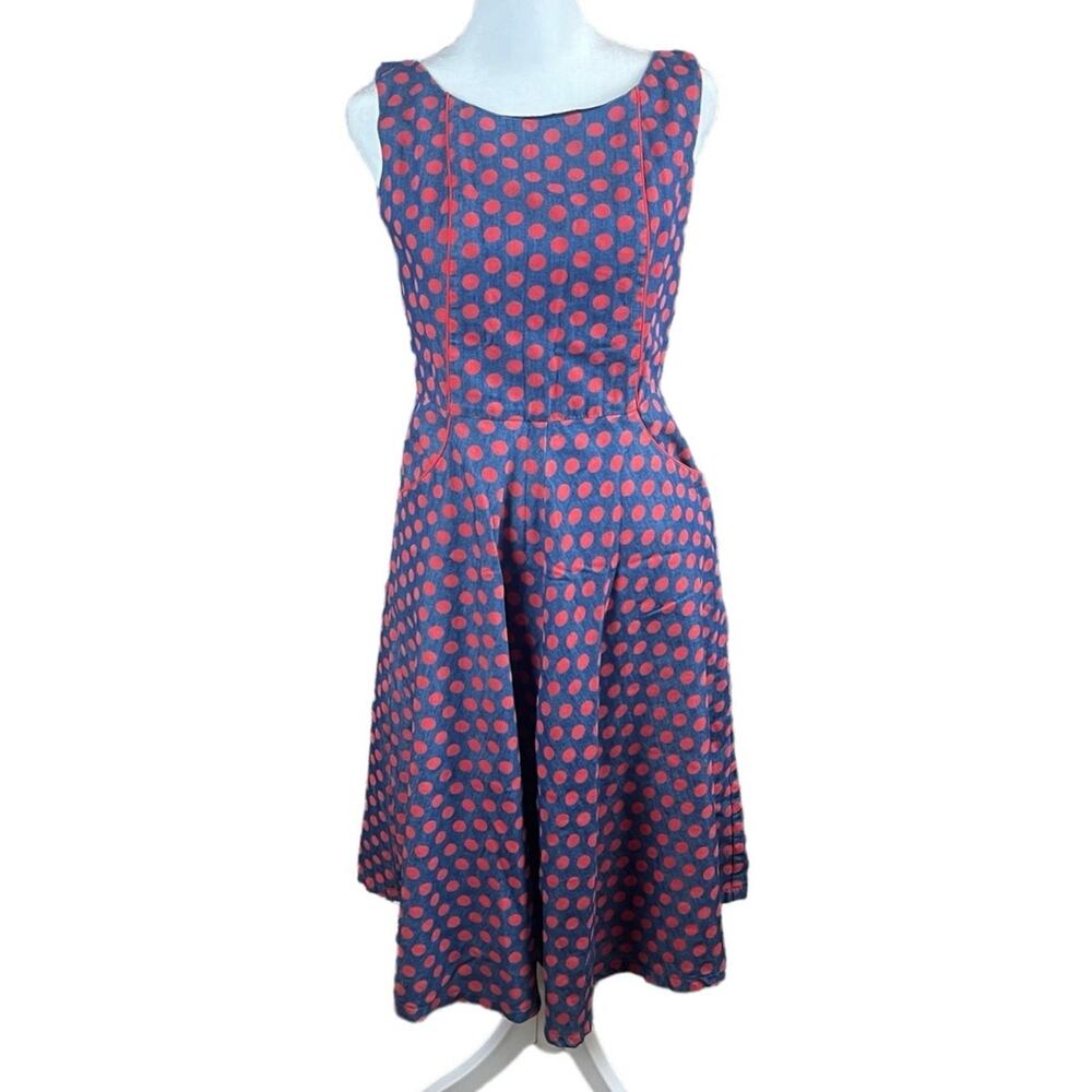 Maiocchi Womens A-Line Dress SZ 6 Blue/Red Polka Dot Sleeveless Chambray Pockets